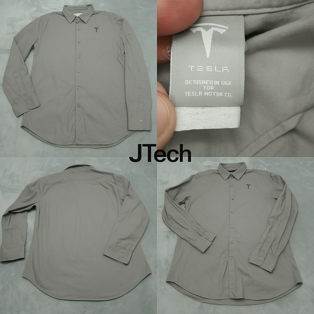 Tesla Shirt Mens Medium Gray Cotton Blend Button Up Long Sleeve Logo Employee